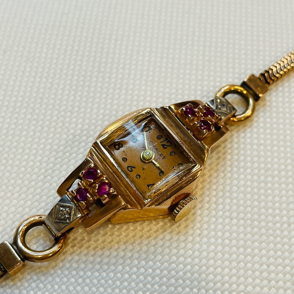 Vintage Art Deco Chalet  Rado Watch Co. 14k Rose Gold Ruby Diamond  Wristwatch